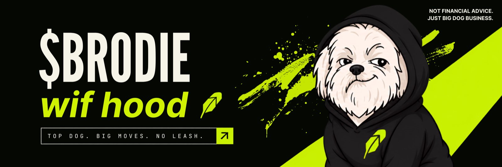 Brodie Wif Hood wide banner with a hooded dog and lime graffiti slash.